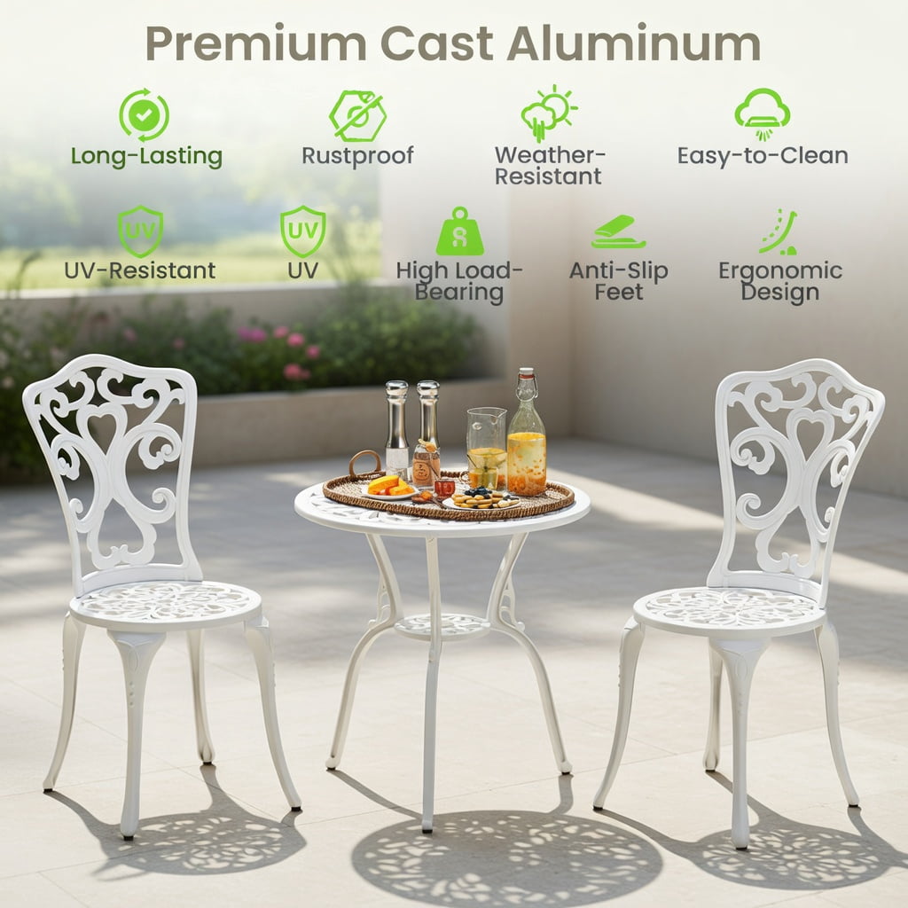 Hommoo 3-Piece Cast Aluminum All-Weather Bistro Set, Patio Table & 2 Chairs with 2-Inch Umbrella Hole, Rust-Resistant Outdoor Furniture for Garden, Poolside & Balcony, White