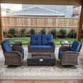 thumbnail image 5 of POCASSY Patio Furniture Sets with Fire Pit, Brown Wicker Patio Furniture with Glider Loveseat, Patio Swivel Glider Chair, Propane Firepit Table, 5-Piece Outdoor Conversation Set for Deck in Blue, 5 of 18