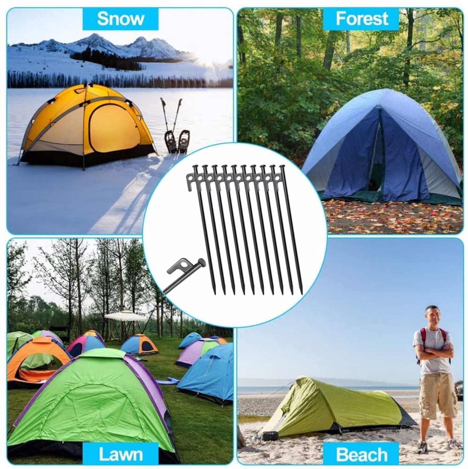 SIELUNO 10 Pieces Metal Tent Stakes Heavy Duty,Steel Tent Pegs Ground Stakes Spikes For Camping-30cm-black