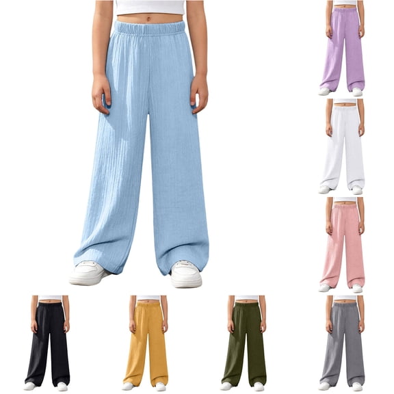 PMVFHDE Girls Elastic Waist Casual Long Pants Summer Solid Trousers Kids Everyday Bottoms School Outdoor Sky Blue,5-6 Years