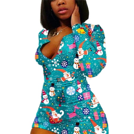 

wybzd Women s Christmas Printed Long Sleeve Pajamas Jumpsuit Plus Size Sleepwear Romper Sky Blue S-XXXXXL