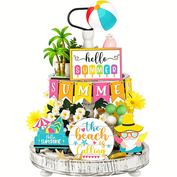 TUWAFE 12 Pcs Summer Tiered Tray Decor Set,Tier Tray Decorations,Summer Beach Gnome Wood Sign,Rustic Farmhouse Tabletop Accessories for Home Table Kitchen Shelf Decor