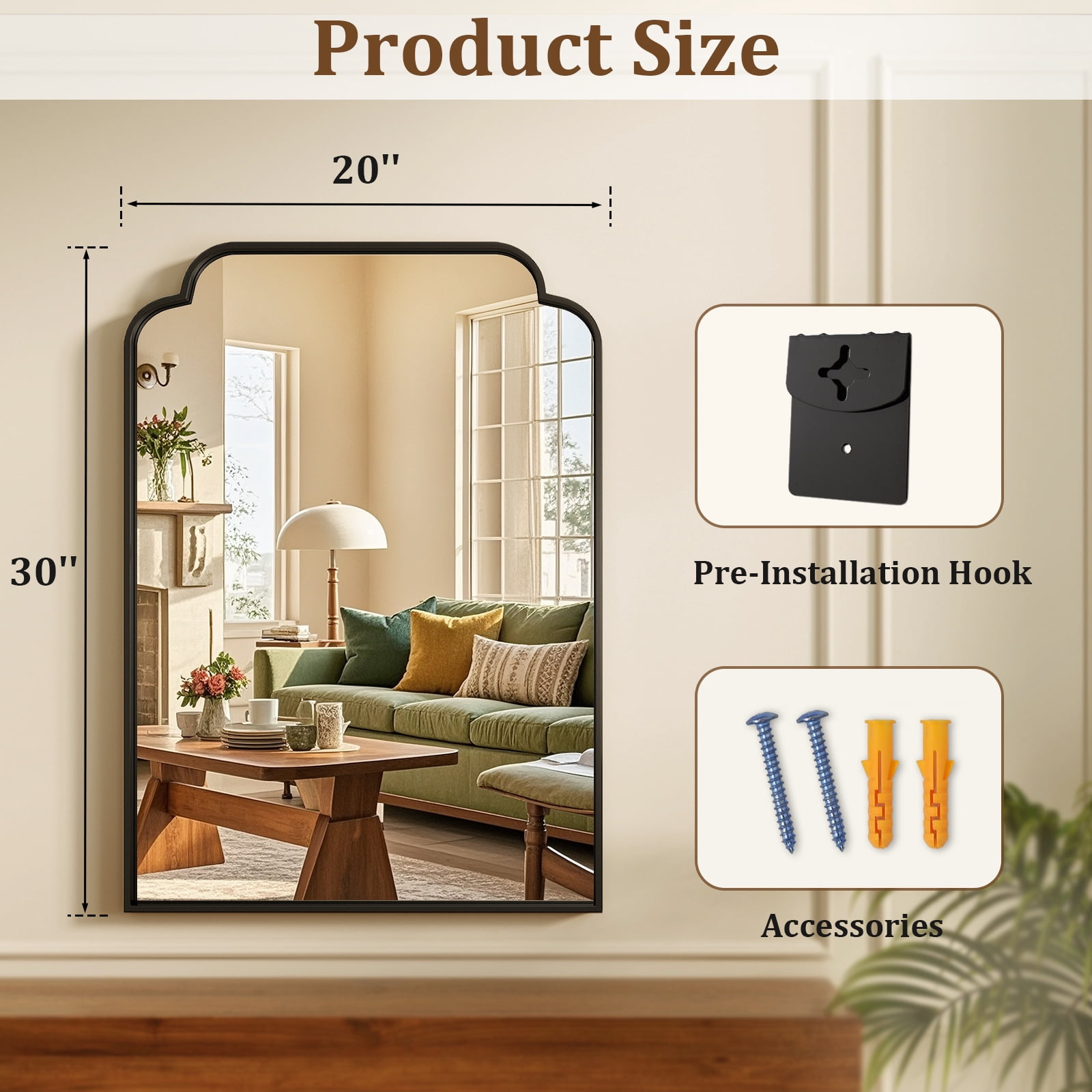 BEAUTYPEAK 20"x30" Arched Bathroom Mirror with Curved Top Modern Decorative Wall Mirror with Deep Frame, Black