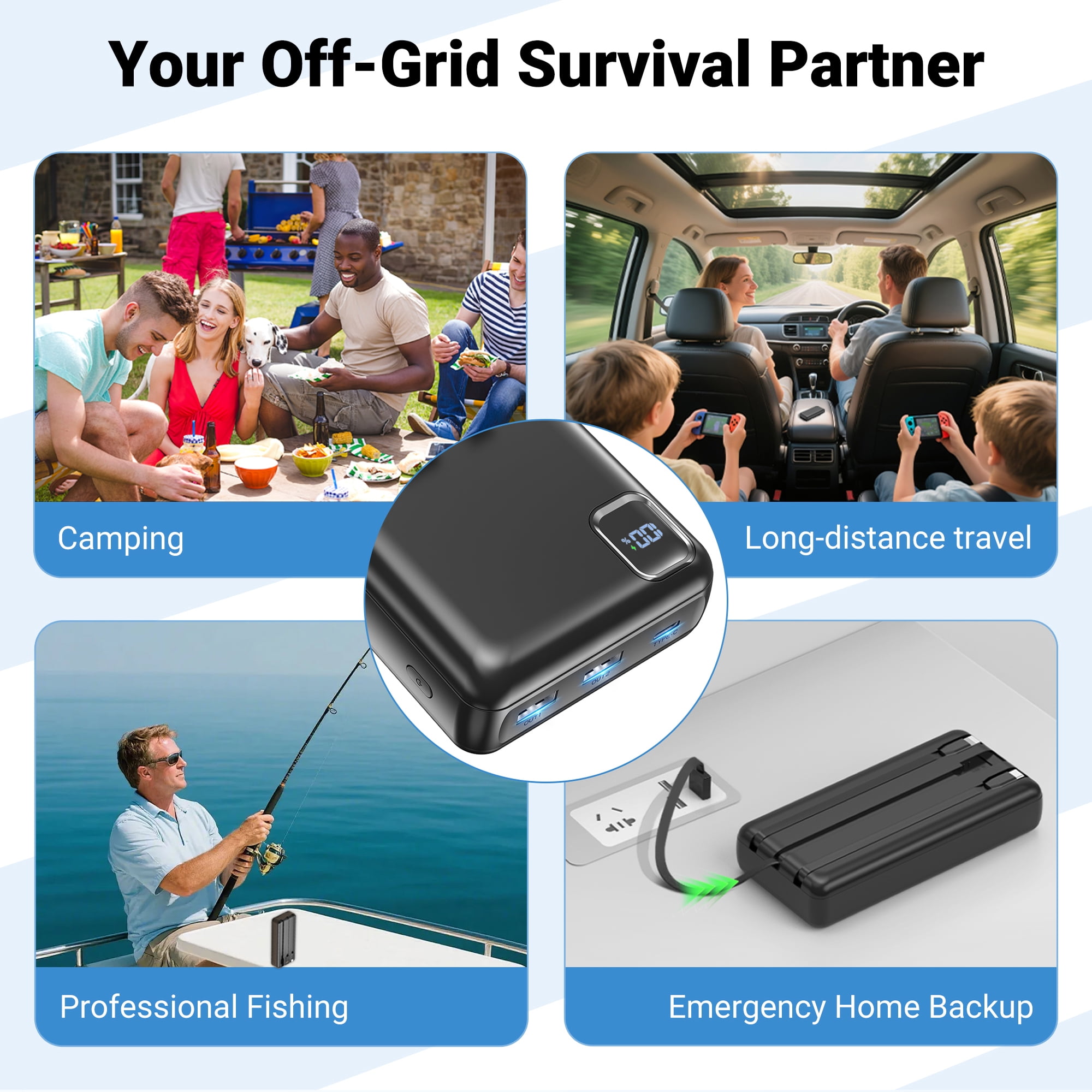 Tilnce 50000mAh Power Bank, 22.5W PD Fast Charging Portable Charger with 3 Built-in Cables and 3 Ports, High Capacity External Battery Pack for iPhone 17 16 15, Samsung, Camping