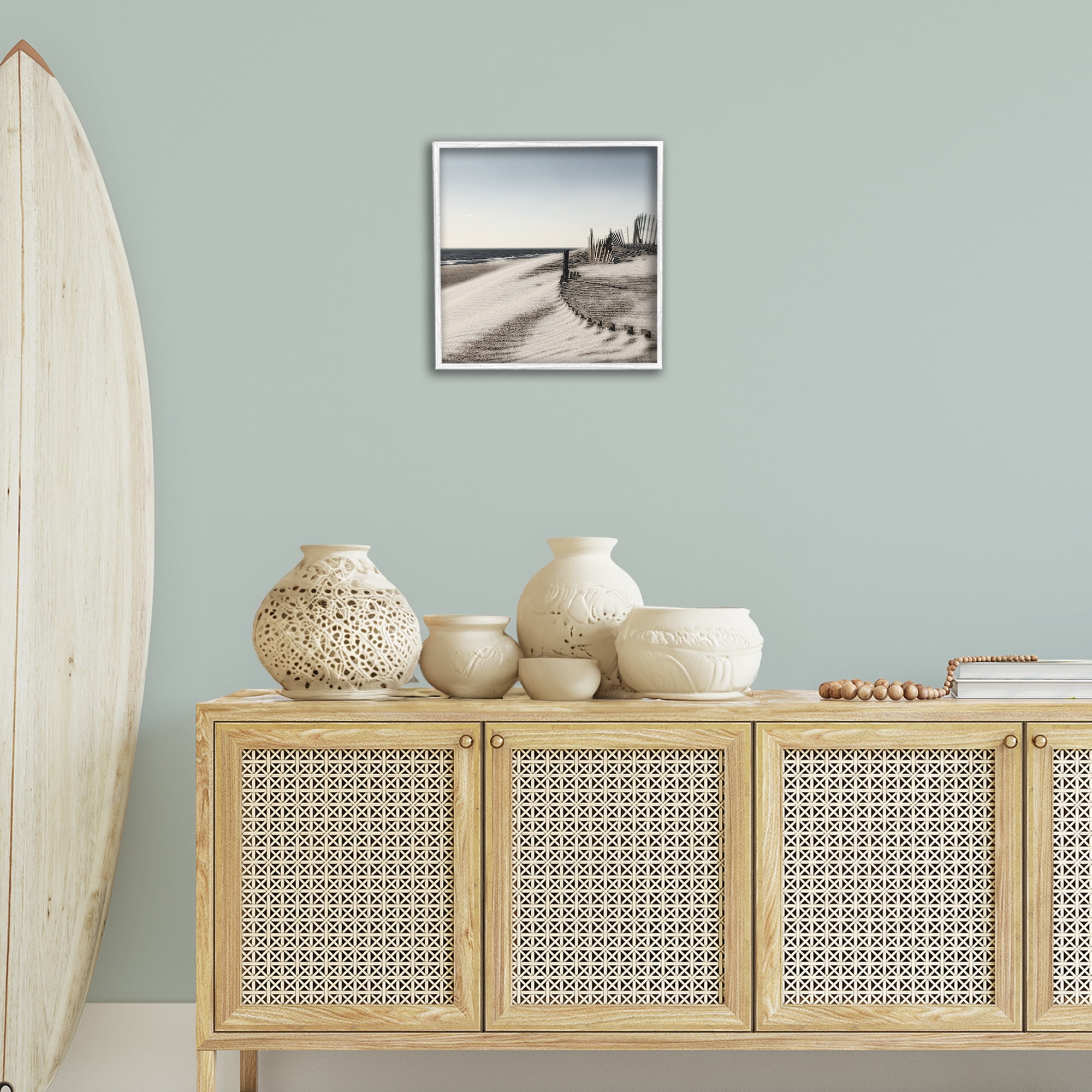 Stupell Industries Rippled Beach Fence Landscape Painting White Framed Art Print Wall Art, 17 x 17