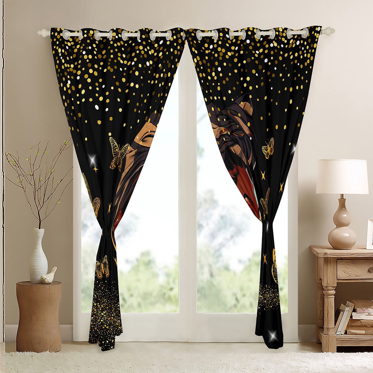 Erosebridal Black Women Curtains & Drapes for Teen Chic Butterfly Blackout Curtains, Black Gold Curtains Magical Black Black Out Curtains, Golden Glitter Window Drapes