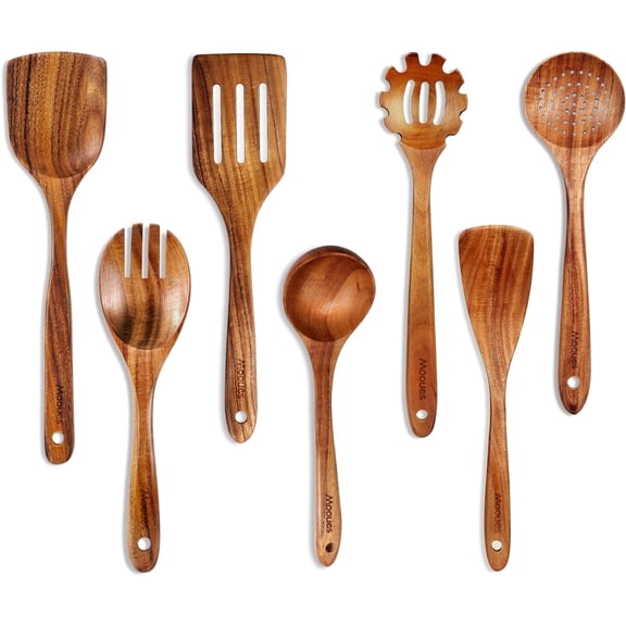 Anoak Wooden Spoons for Cooking - 7pc Wooden Kitchen Utensil Set made of Natural Solid Wood Material - Includes Spoons, Spatulas, Ladles, Strainer Spoon, Salad Fork, Mixing Spoon and Utensil Holder
