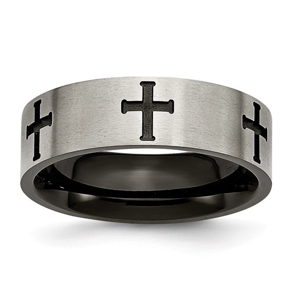 Titanium 7mm Cross Black-plated Brushed and Polished Band Ring - Size 8