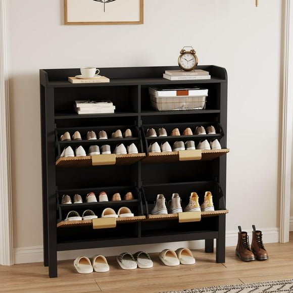 AKDSteel Shoe Storage Cabinet with 4 Flip Drawers, Fluted Narrow Shoe Organizer with Adjustable Compartments & Legs, Slim Hidden Cabinet for Entryway, Hallway, or Living Room