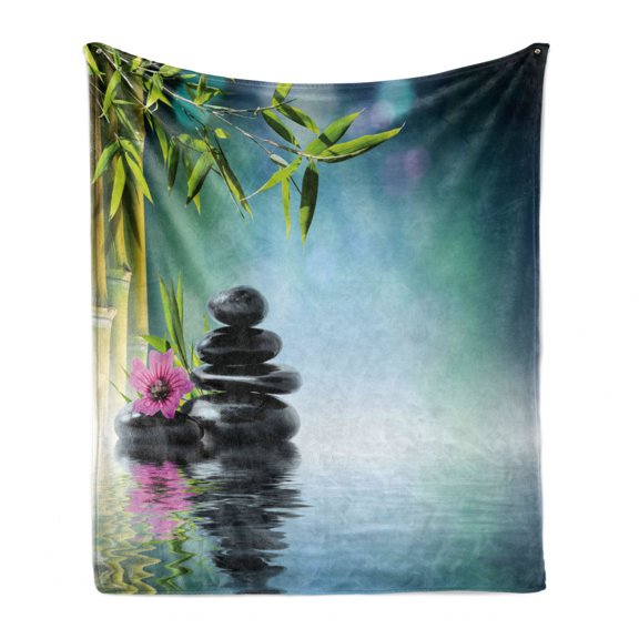 Peace Garden Soft Flannel Fleece Blanket, Pink Flower Spa Stones and Bamboo Tree on the Water Relaxation Theraphy Peace, Cozy Plush for Indoor and Outdoor Use, 50" x 60", Multicolor, by Ambesonne