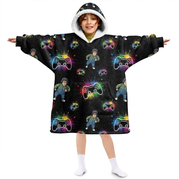 Game Controller Black Pattern Lamb Fleece Blanket Hoodies for Teens ,Teens Oversize Sherpa Wearable Hooded Blanket Sweatshirt with Super Pockets