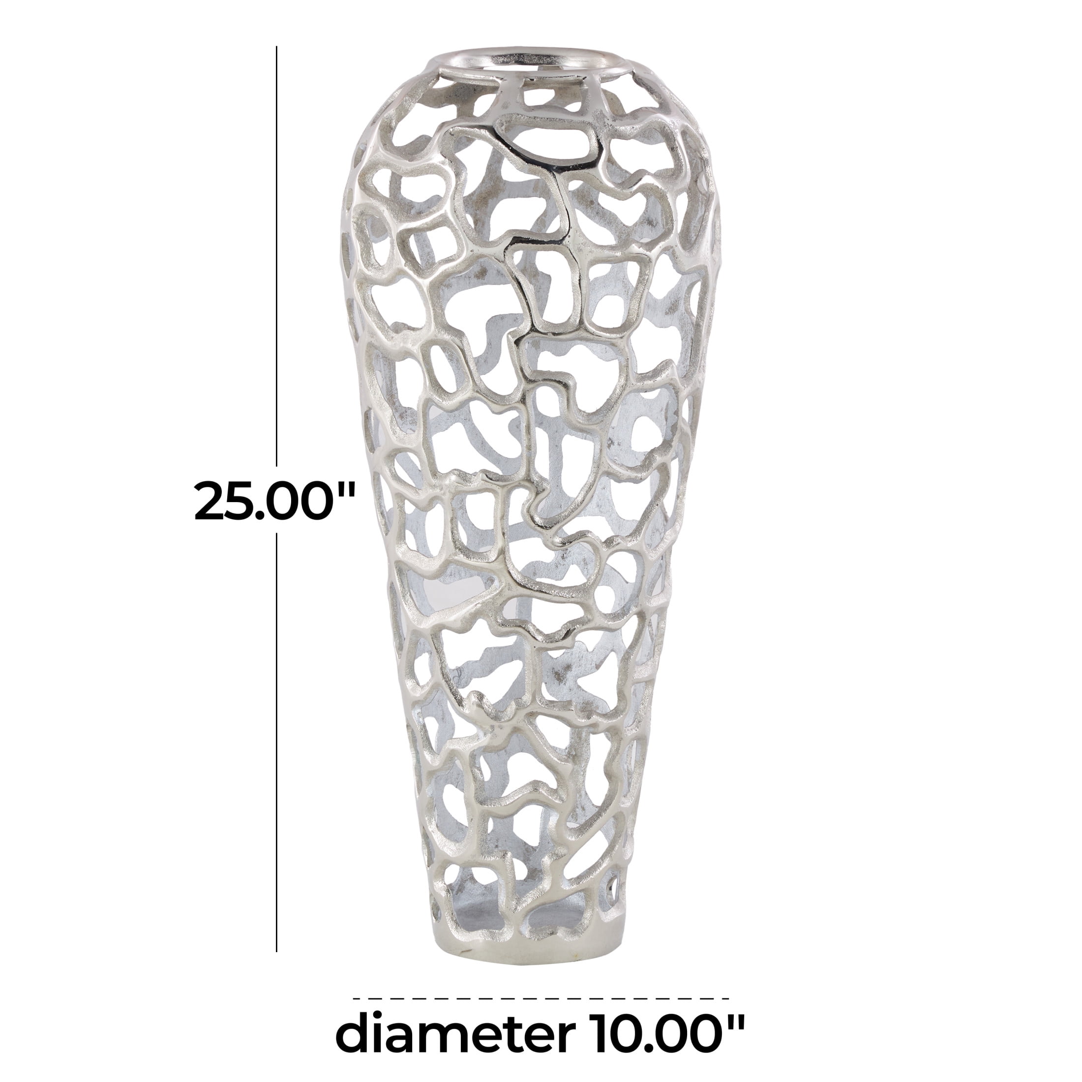 DecMode Silver Contemporary Aluminum Open Style Decorative Vase with Metal Holes, 10"W x 25"H