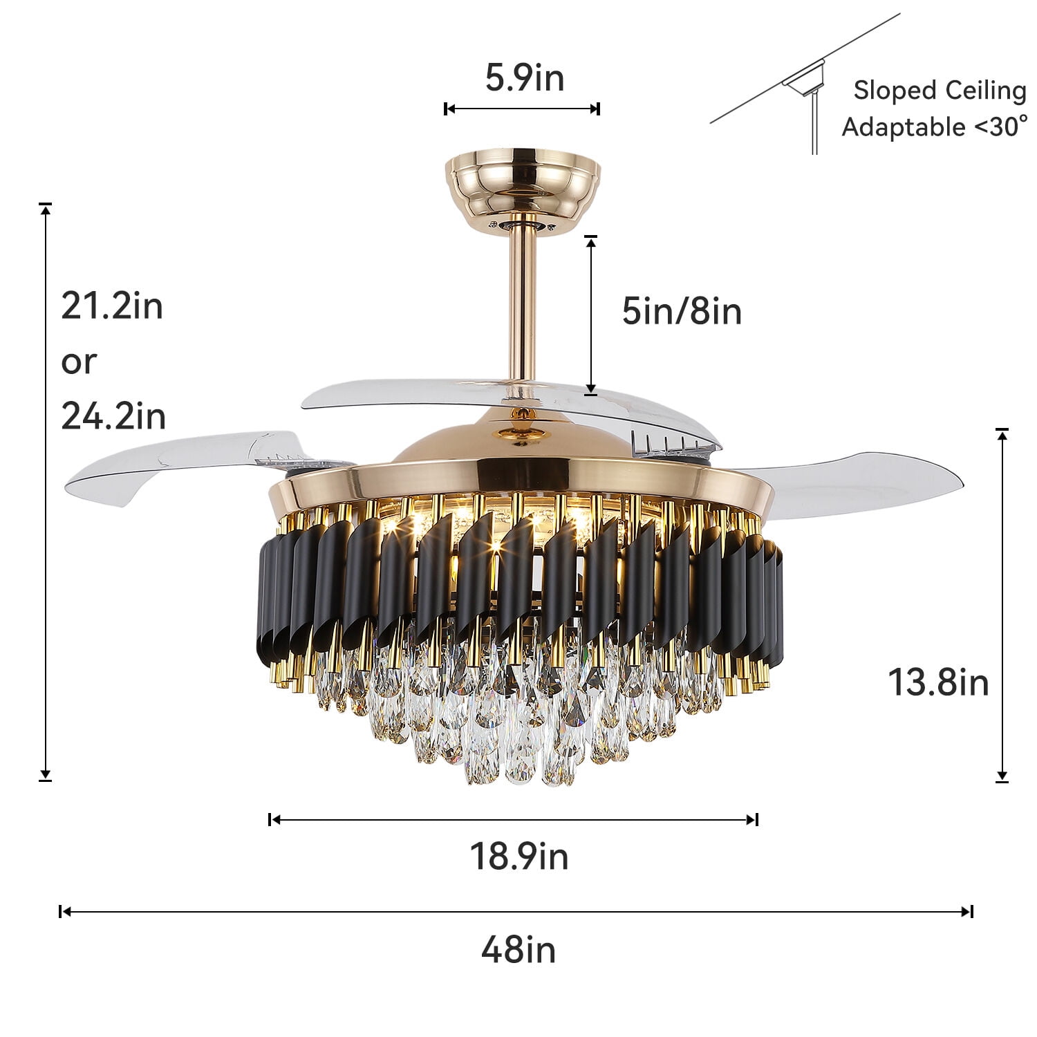 PHORUS 48" Invisible Crystal Ceiling Fan with Light, Quiet DC Motor 6-Speed Dimmable Fan with Remote Control, Retractable ABS Blades and Timer for Bedroom Living Room,Gold
