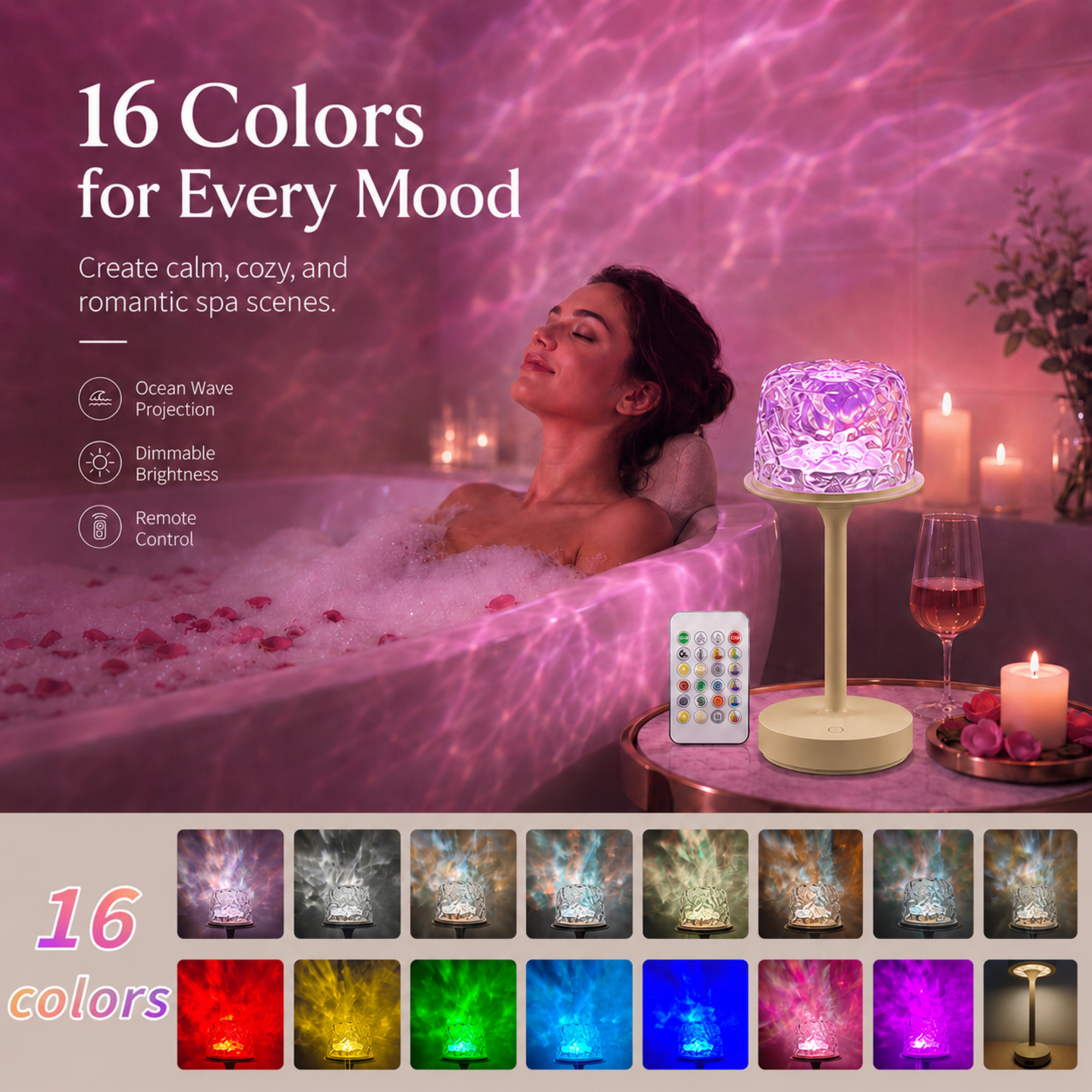 MEHOOM 16 Color Ocean Wave Shower Lamp, Waterproof Table Lamp with Projector, Rechargeable Small Lamp with Touch & Remote Control, Cordless Lamp for bedroom Bathroom