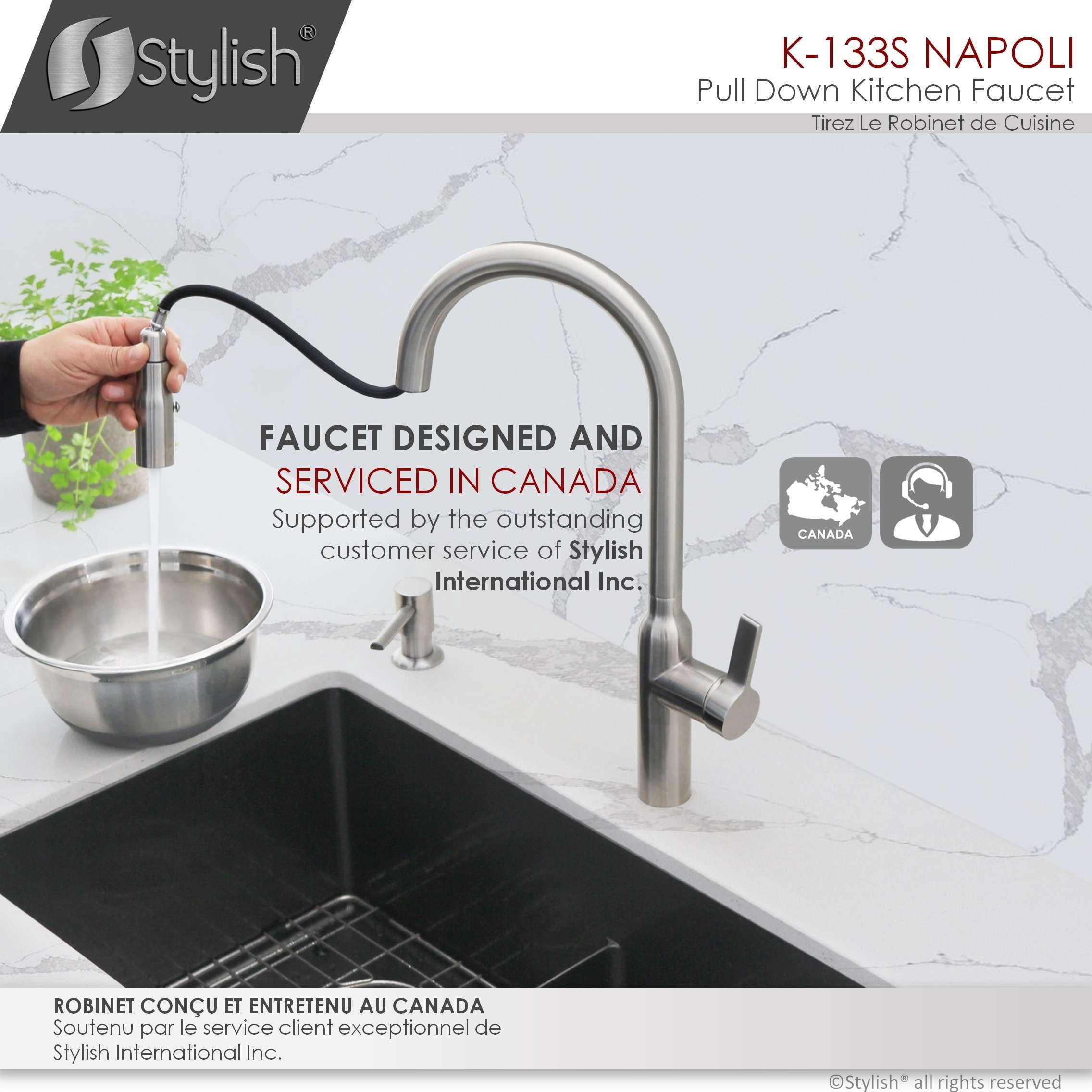 Stylish Napoli Single Handle Brushed Stainless Pull Down Kitchen Faucet K-133S