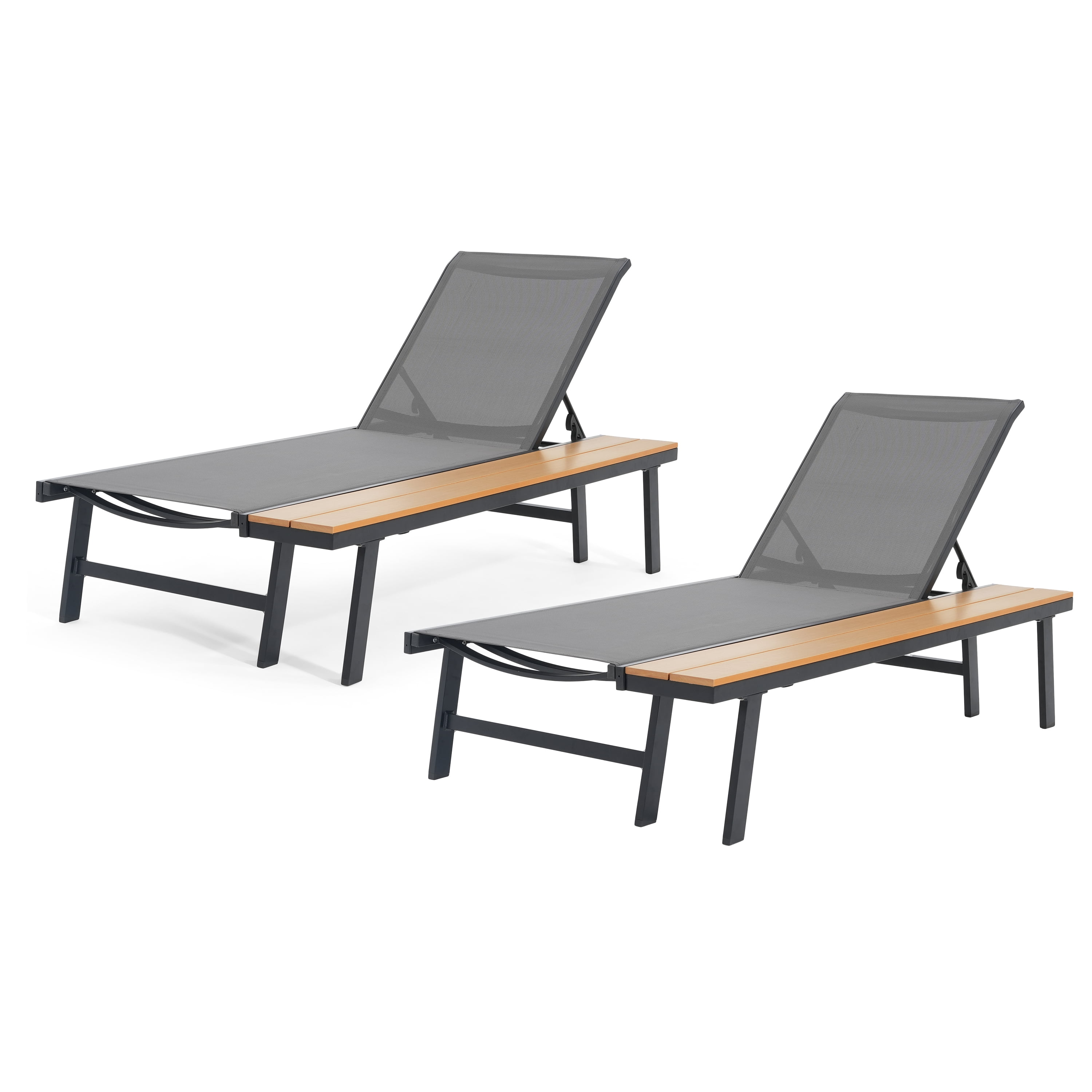 Patio Chaise Lounge with Attached Side Table Set of 2 for Poolside, Black