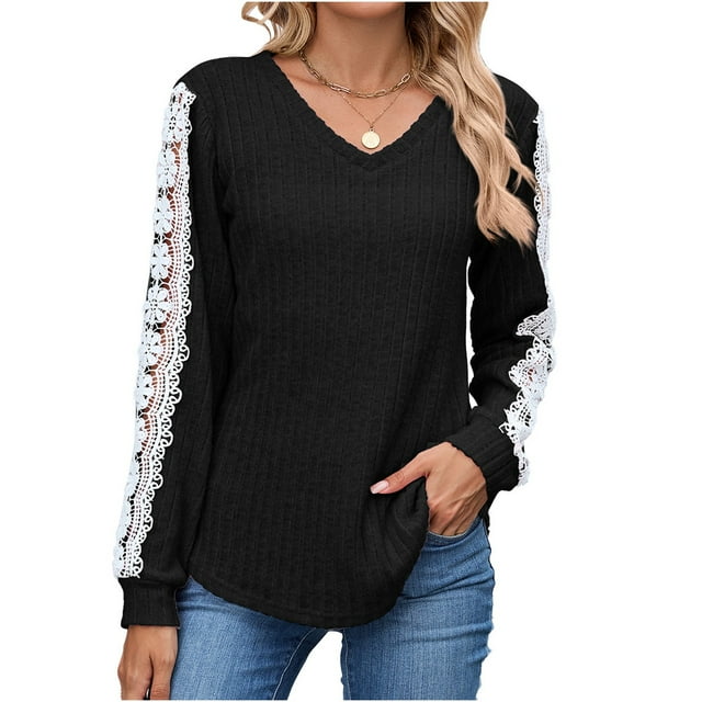 MHFRRA Blusa Informal de Manga Larga para Mujer con Encaje En contraste, Holgada, para Uso Diario, Primavera y Otoño. Negro