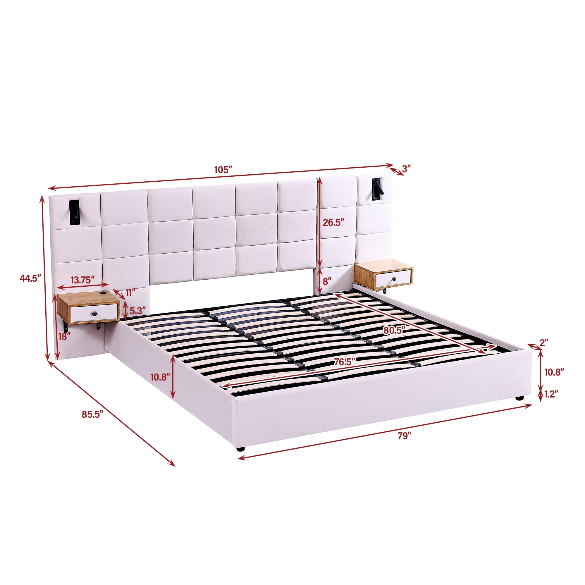 Aukfa King Size Upholstered Bed Frame with Drawers and LED Lights, Hydraulic Platform Bed with USB Port & Oversize Wingback Headboard, Beige