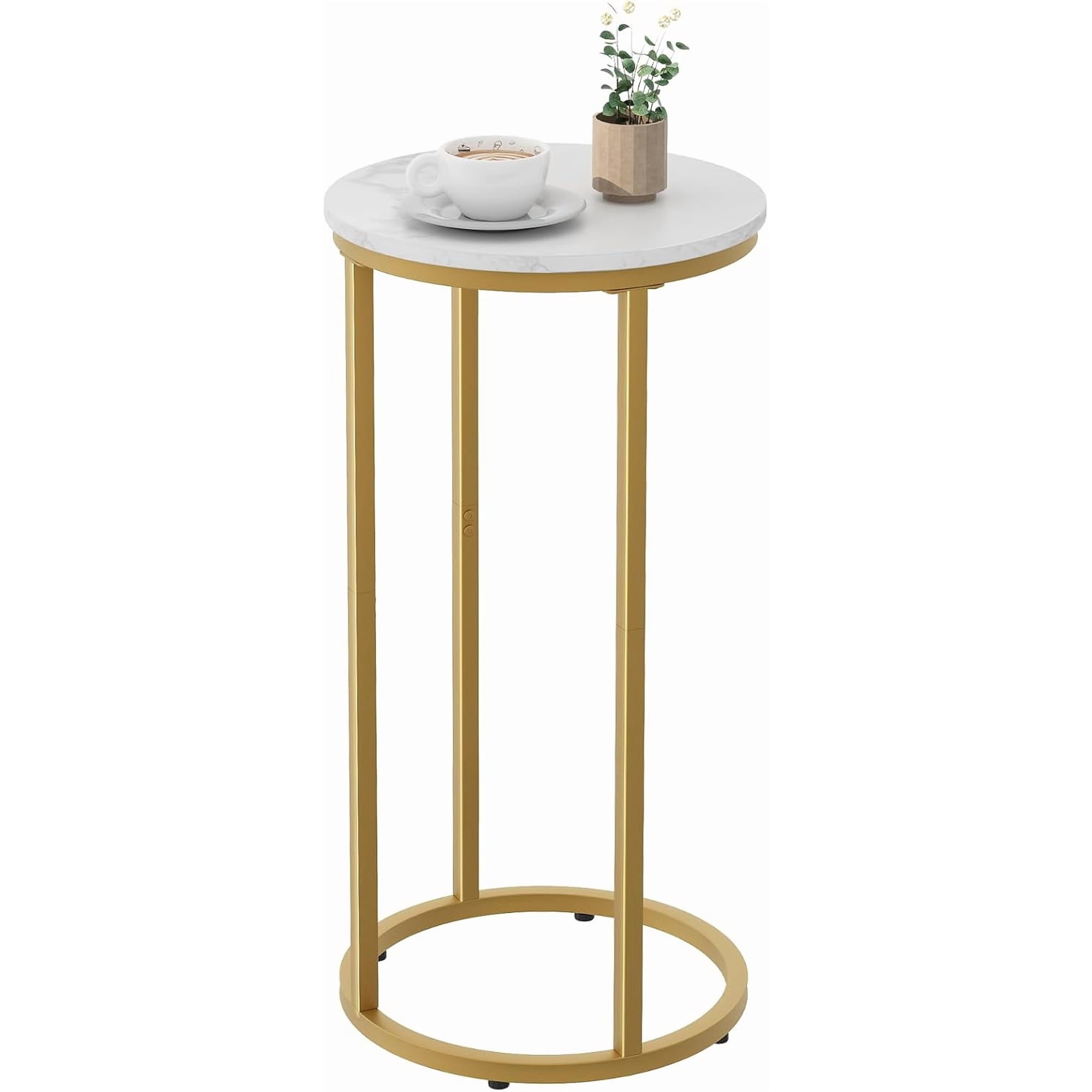 C Shaped End Table Couch Side Tables for Living Room Round Sofa End Table with Metal Frame Small Wooden Snack Table for Bedroom Small Spaces Easy Assembly (Gold)