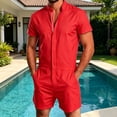 thumbnail image 2 of Rhoudy Pants For Men Straight Leg Jumpsuit Short Sleeve Stand Collar Romper Piece Shorts Summer Outfit Handsomen Men Bottoms L Red, 2 of 4