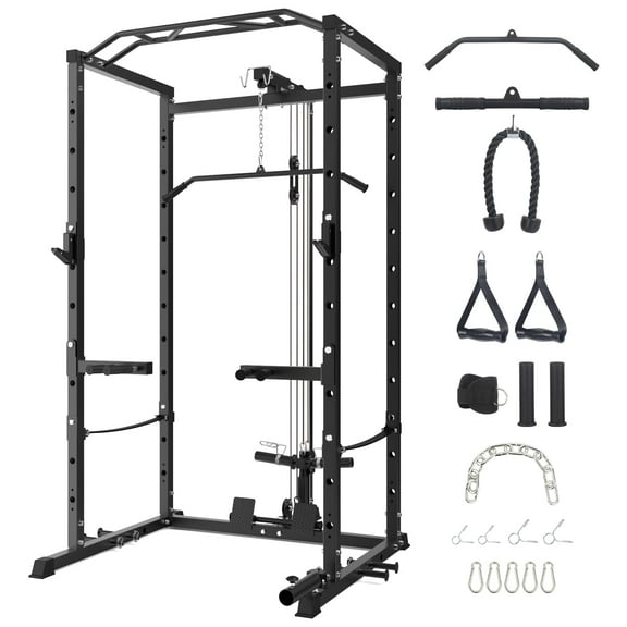 Power Cage,1600lbs Multi-Function Power Rack with Adjustable Cable Crossover System and More Training Attachment, Weight Cage for Home Gym, Black
