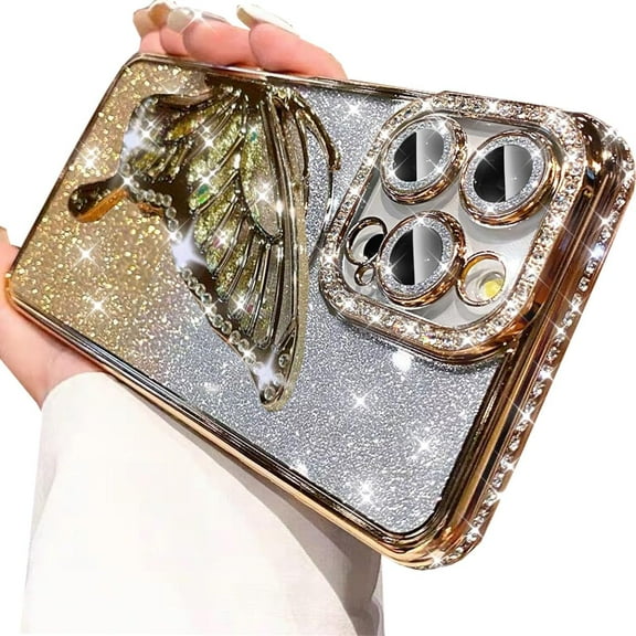 for iPhone 16 Pro Glitter 3D Butterfly Case,Cute Luxury Bling Sparkly Diamond Rhinestones Liquid Flowing Case with Camera Lens Protector Soft TPU Women Girls Case for iPhone 16 Pro 6.3", Gold