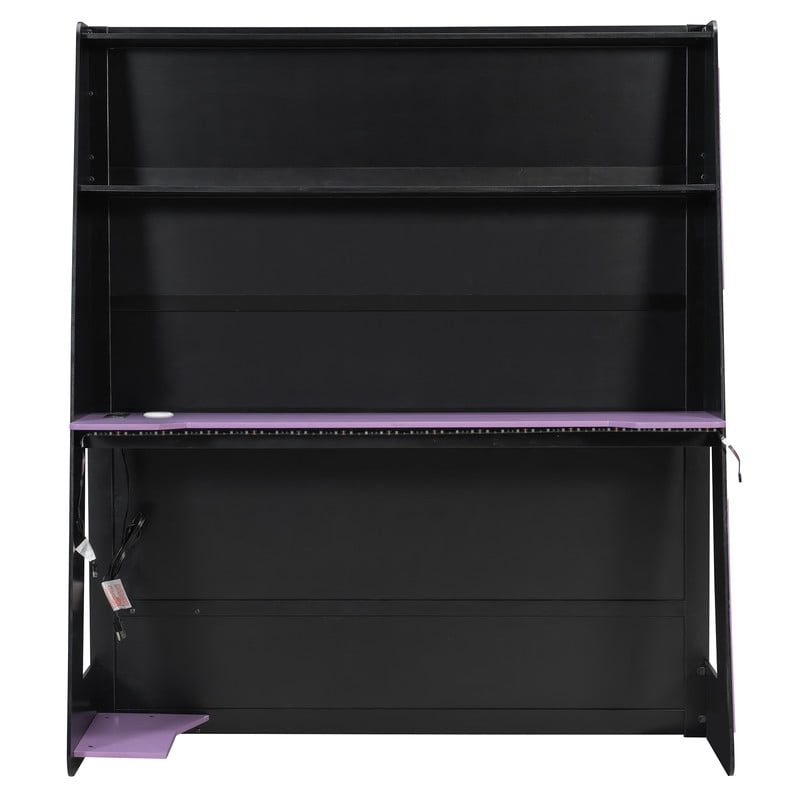Full Size Loft Bed with Desk and RGB LED Lights, Wood Gaming Loft Bed Frame with Storage Shelves, TV Console Space and Multi-Functional Study Workstation for Teens Bedroom