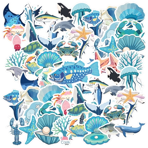 35pcs-50pcs Aquatic Cartoons Animal Stickers Marine Life Stickers PVC Stickers for Laptops Suitcase Guitar