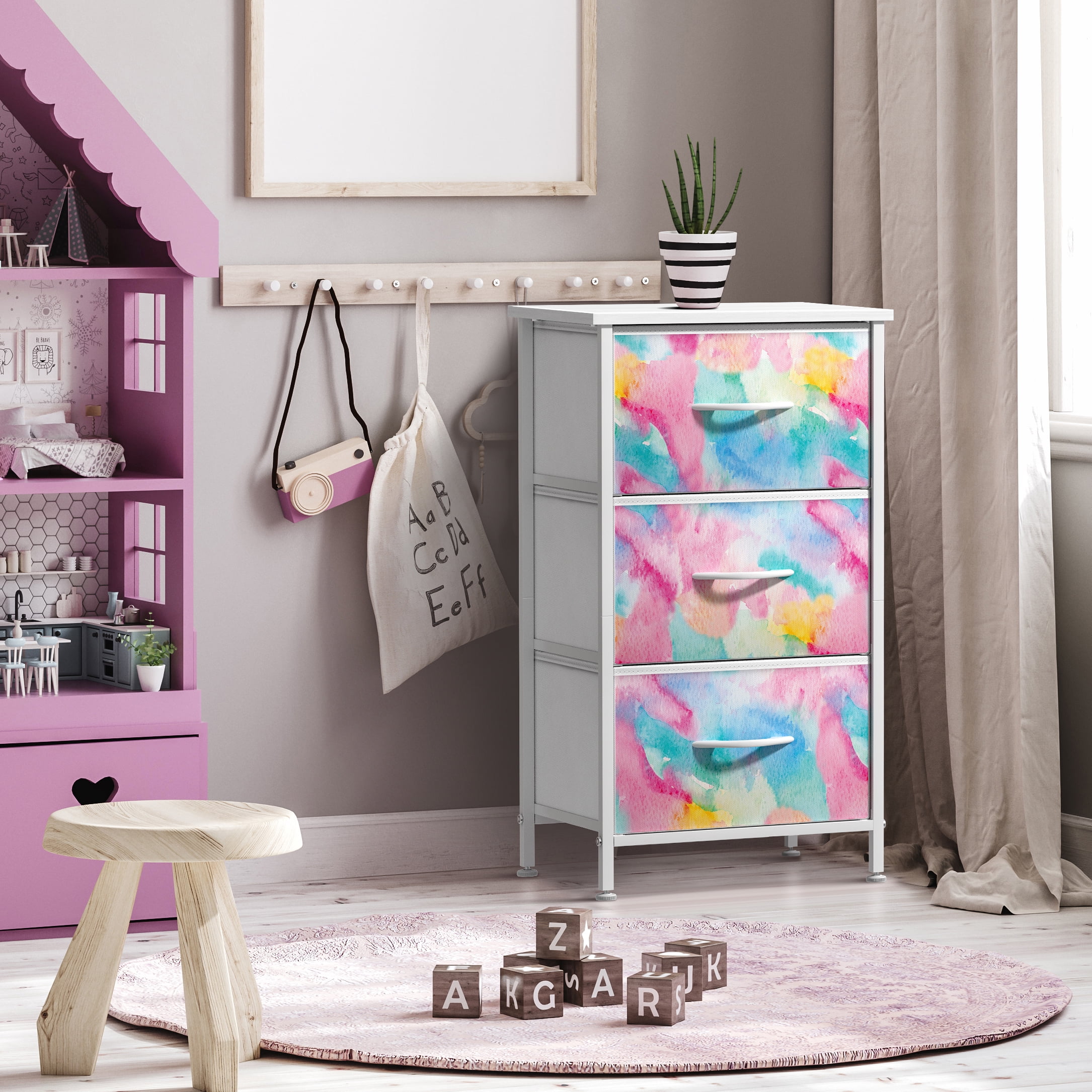 Sorbus 3-Drawer Nightstand with Steel Frame, Wood Top, Fabric Bins, Watercolor