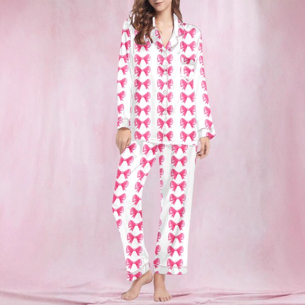 Puntoco Conjunto de pijama cómodo para mujer, conjunto de pijama informal de manga larga con solapa y estampado navideño a la moda para mujer, conjunto de pijama informal con parte superior y pant