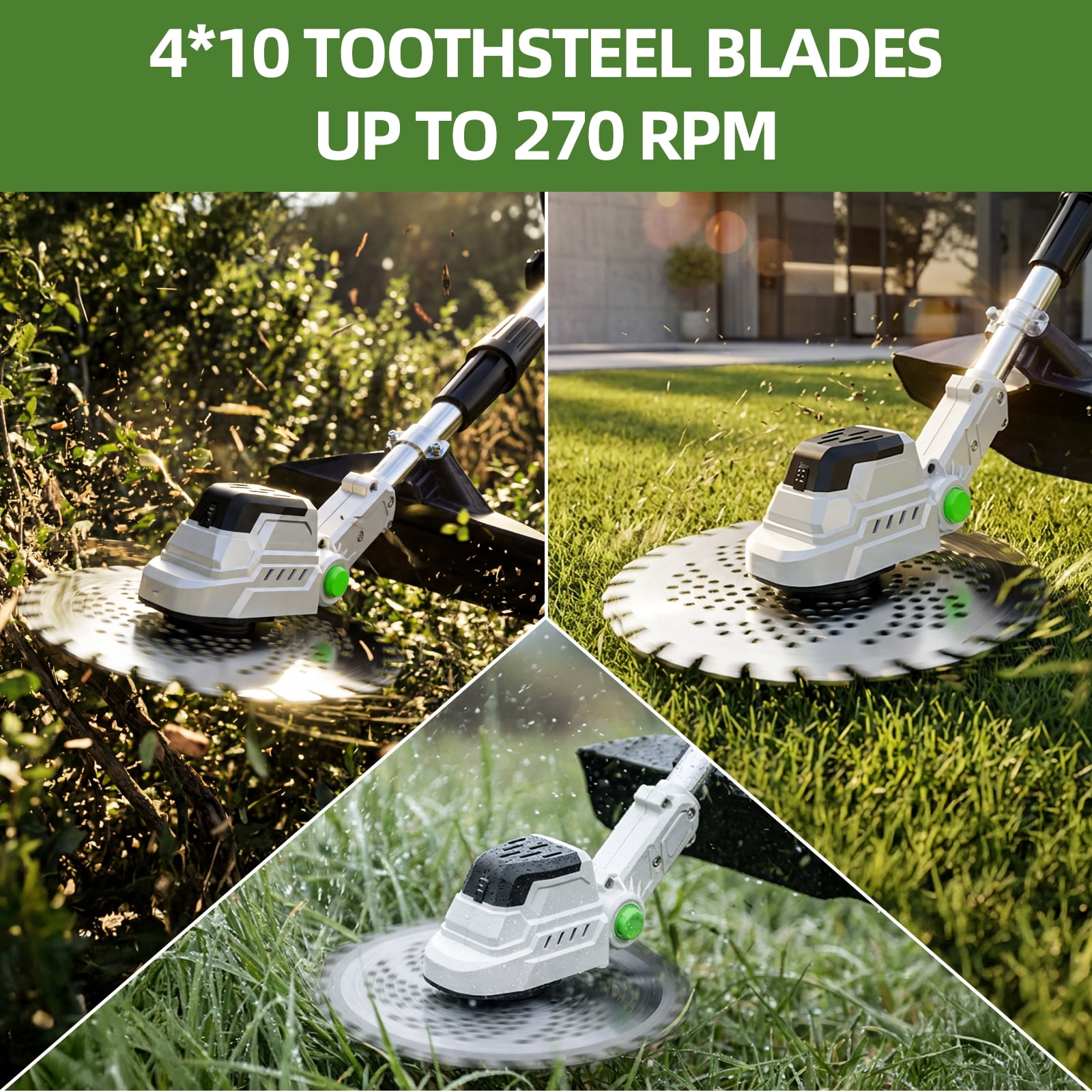G · PEH 21V Cordless Brushless Weed Wacker - 9" Electric String Trimmer with 2 Batteries & 5 Cutting Blades