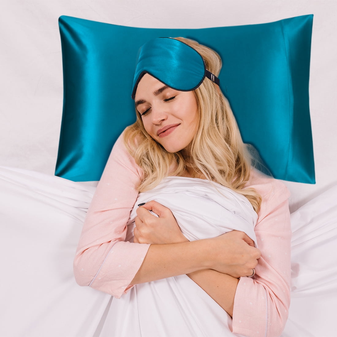 PiccoCasa Silk Pillowcases + Silk Eye Cover With Gift Box King Peacock Blue