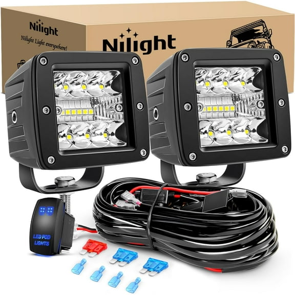 Nilight 2Pcs 3Inch 42W LED Cubes Upgraded Spot Flood Combo Square Driving Fog Off Road Lights 12V 5Pin Rocker Switch Wiring Harness Kit-2 Leads