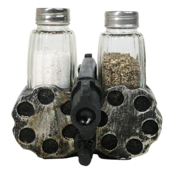 Old World Western Pistol Gun With Giant Barrels Salt Pepper Shakers Holder Set