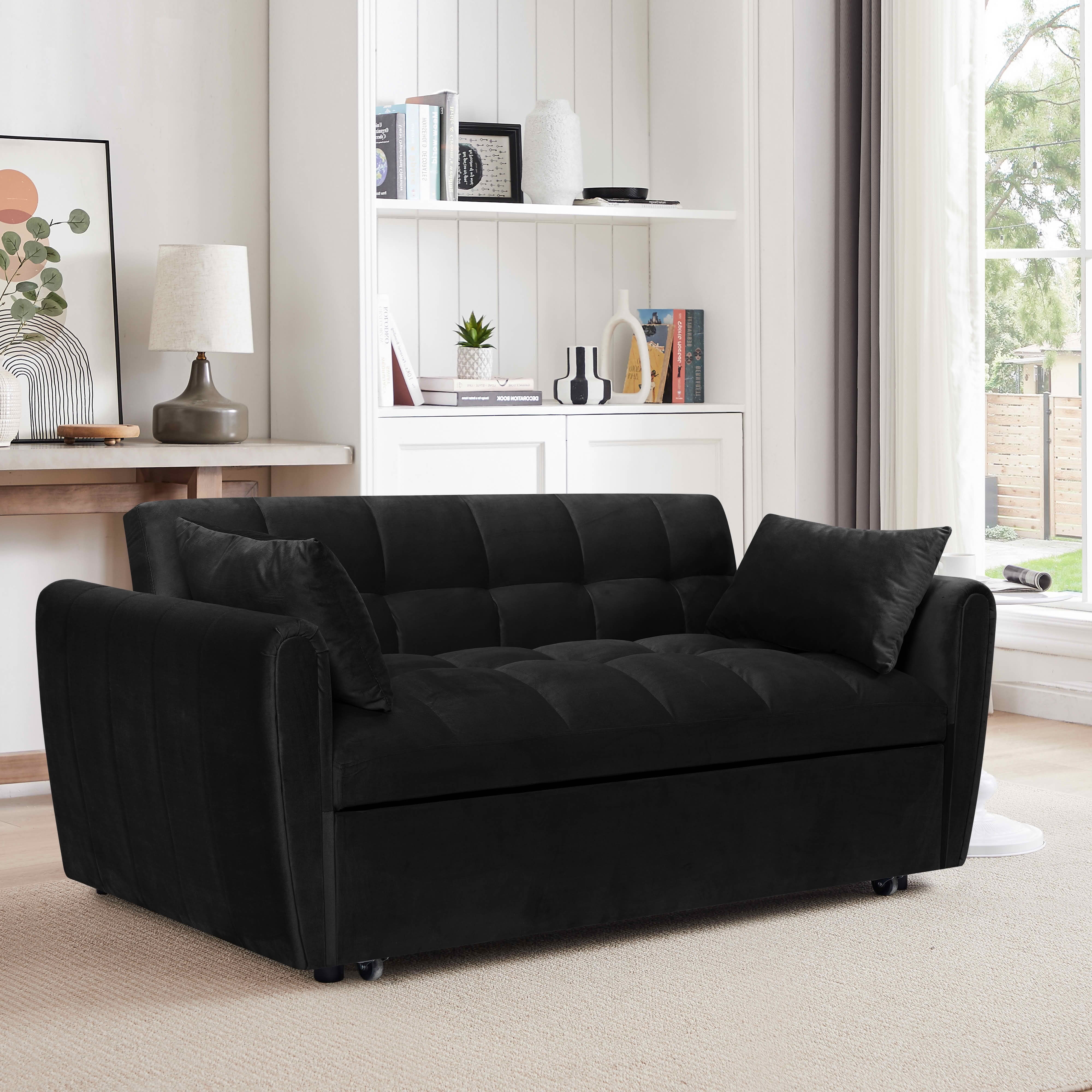 MAYEERTY 65 Inch Black Velvet 3-in-1 Convertible Foldable Sofa Bed, 2-Seat Adjustable Backrest Futon Couch with Throw Pillows