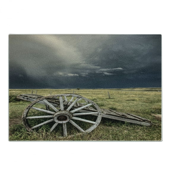 Barn Wood Wagon Wheel Cutting Board, Cloudy Day in Village Farm Aged Vintage Cart Outdoors, Decorative Tempered Glass Cutting and Serving Board, Small Size, Umber Green Dark Blue, by Ambesonne