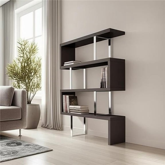 HomeRoots 555011 67 in. Espresso & Silver Metal & Wood Three Tier Etagere Bookcase