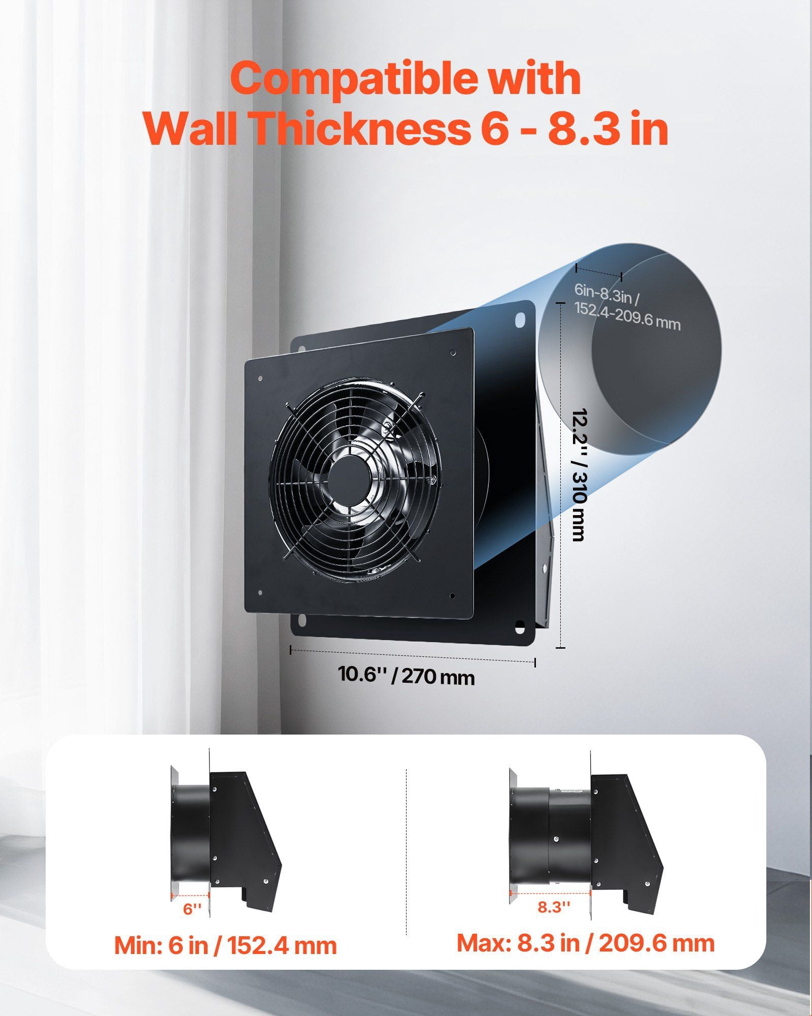 6 Inch Through The Wall Ventilation Fan 205 CFM AC Motor Quiet Easy Installation Bathroom Garage Laundry Storage Room Air Exchanger