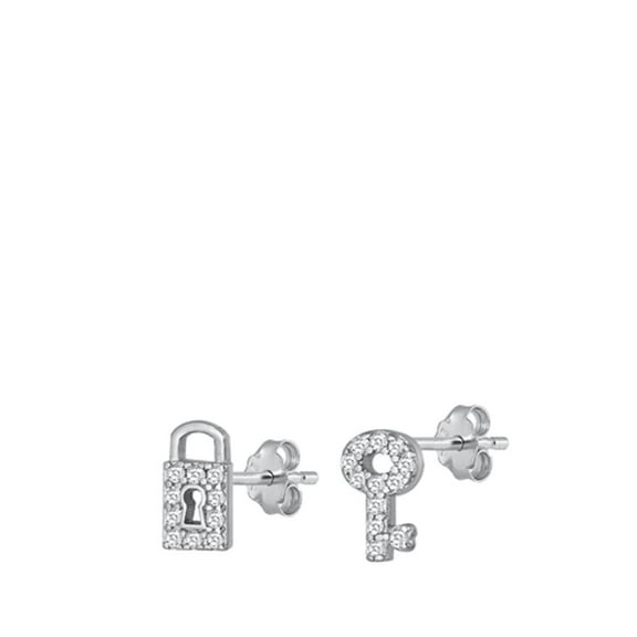 Sterling Silver Clear Cubic Zirconia Lock & Key Stud High Polished Earrings 925 Jewelry Female