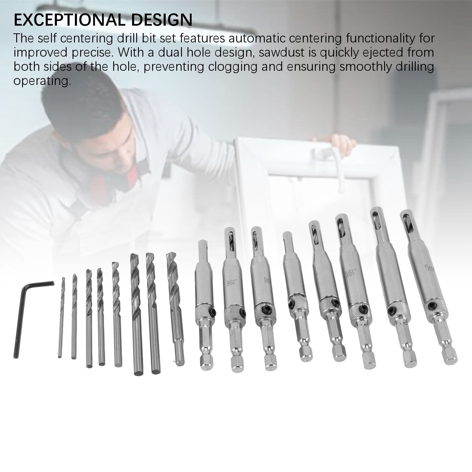BIMZUC 17-Piece Self Centering Drill Bit Set High Speed Steel Hex Shank Hinge Tapper Core Tools for Woodworking Doors and Windows