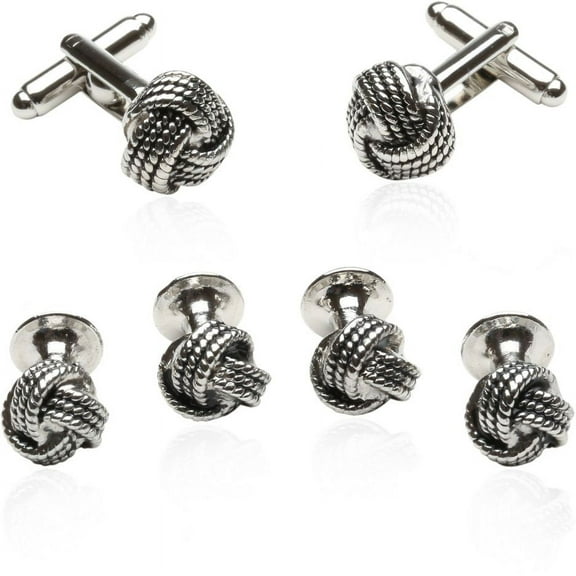 Classic Woven Silver Knot Cufflink and Stud Set