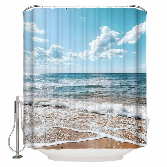 Extra Long Shower Curtain 72x96 Inch, Ocean Shower Curtain Waterproof Bathroom Decor Summer Sandy Beach Blue Sky Coastal Waves Fabric Bath Curtain Set Accessories with Hooks