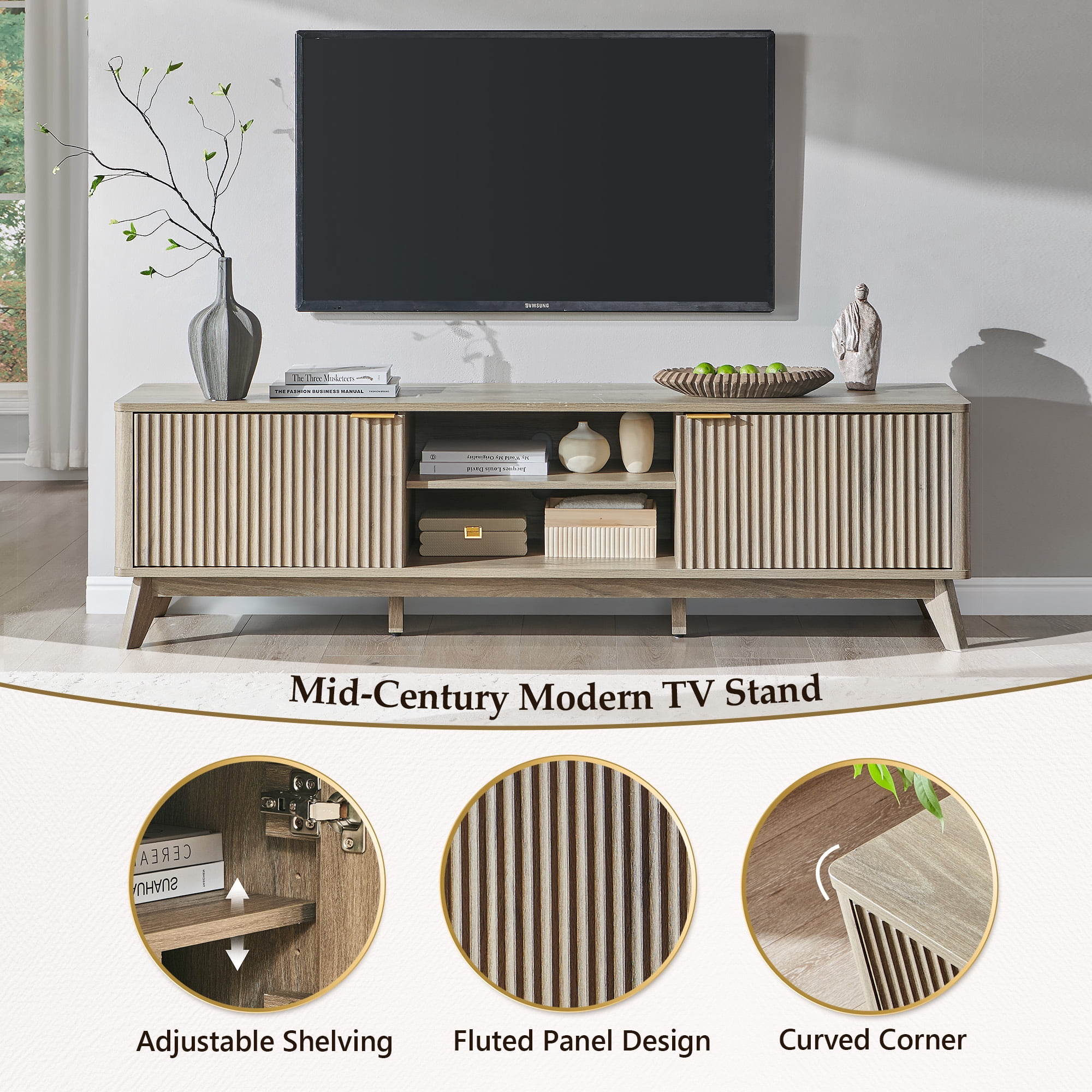 KeyWhat 70" TV Stand with 2 Soft Close Door, Modern Entertainment Center Console Table, Media Furniture for Living Room, Alder Grey