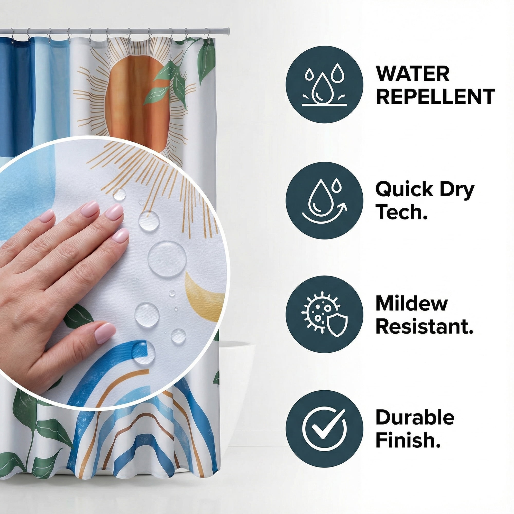Unique Bargains Leaf Print Shower Curtain Bohemian Waterproof Set Blue Orange 71"W x 71"L