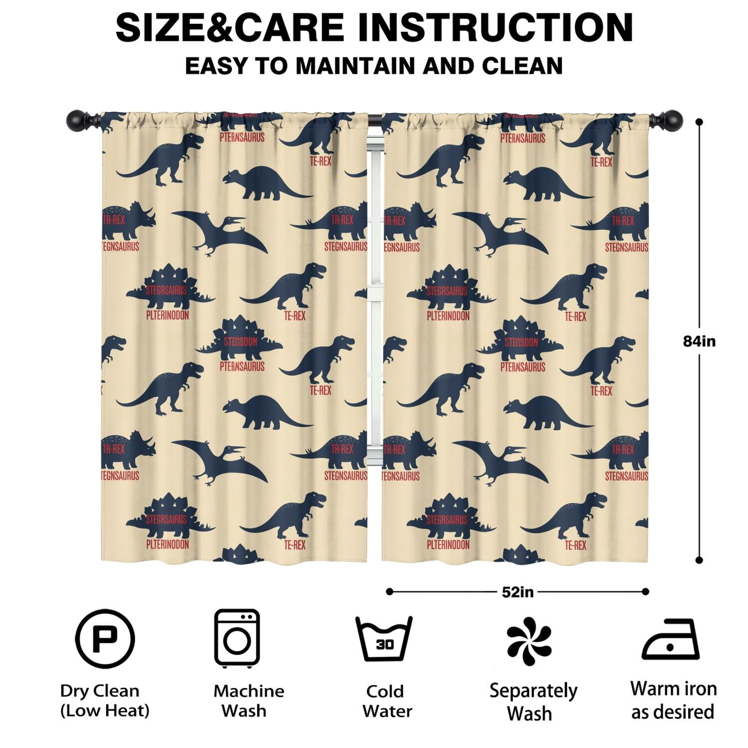 Blackout Kids Curtains,Beige Dinosaurs Names Pattern Childrens Insulated Curtains Set Of 2,Bedroom Essentials,Toddler Room Decor 52"x84"