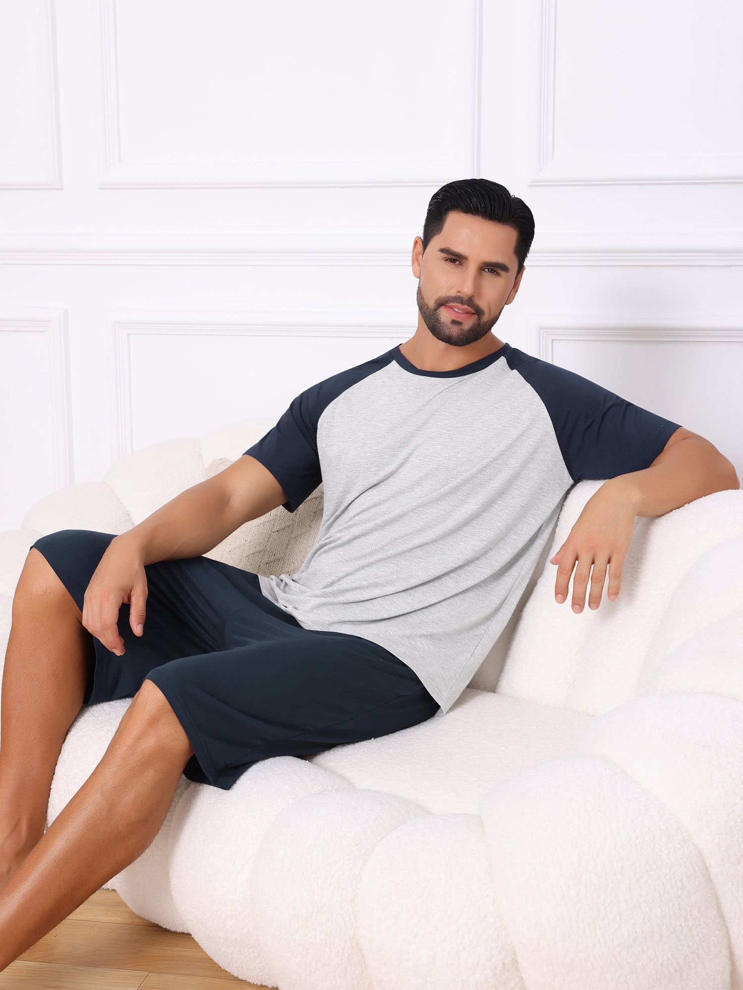 DARING DIVA Men's Sleepwear Pajama Raglan Crew Neck Drawstring Pajama Set M Navy Gray