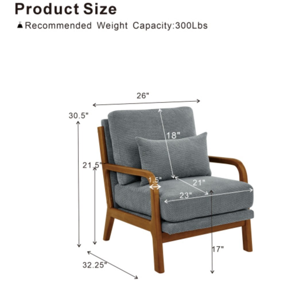 Wooden Lounge Chair, Modern Upholstered Accent Chair with Solid Wood Armrests, High-Density Foam Cushion, Reclined Backrest for Living Room, Bedroom & Office, Light Gray