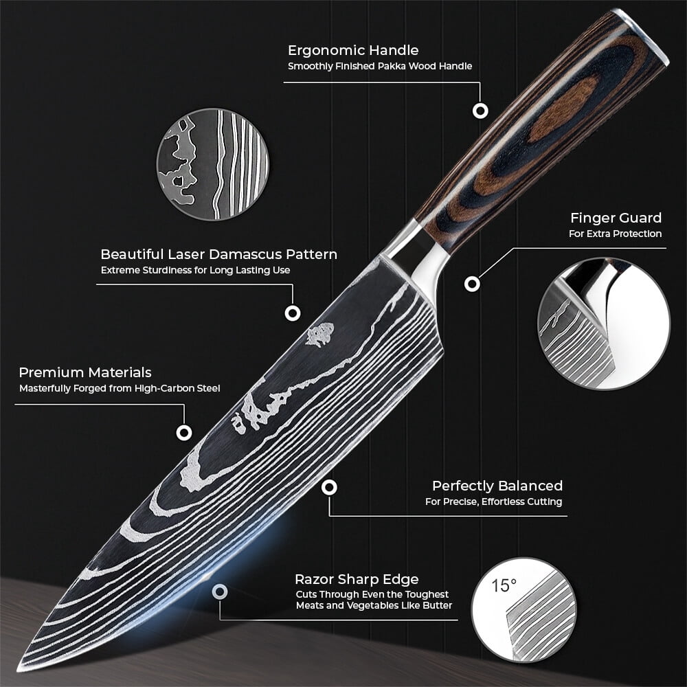8-piece Premium Japanese Kitchen Knife Set with Laser Damascus Pattern - Imperial Collection - Chef's Knife, Paring Knife, Bread Knife & More