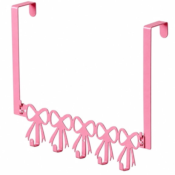 Pink Bow Over the Door Hanger, Metal 5-Hook Organizer, Cute Decorative Rack, 14.57 in Long, Space-Saving Wall Mount Clothes Hanger for Bedroom, Bathroom, Entryway, Mudroom