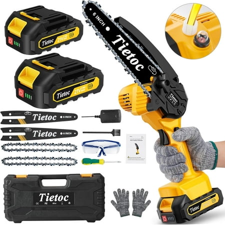 tietoc Mini Cordless Chainsaw, 6 Inch Handheld Chain Saw With Security Lock [Seniors Friendly], Battery Powered Super Saws With Manganese Steel Chain & Automatic Oiler, UPGRADE 2023